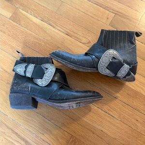 Black Leather Ankle Boots with Silver Buckle